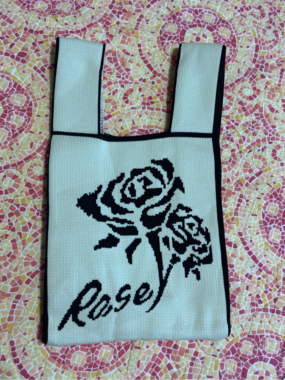 Black Cream Rose Floral Knit Tote Bag Open Top Casual Everyday Handbag Purse